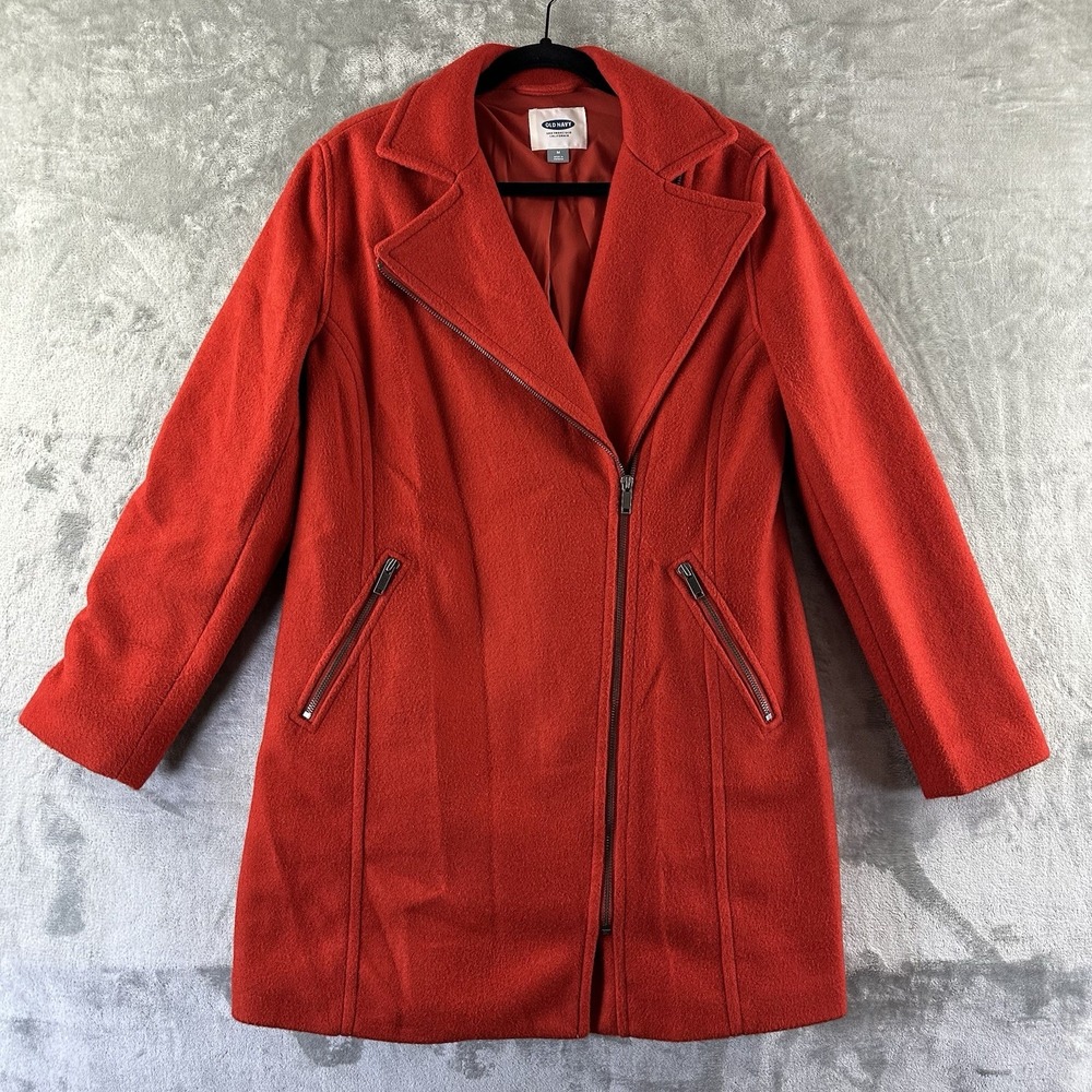 Old Navy Moto Pea Coat Women's M Red Zip Closure Wool Blend